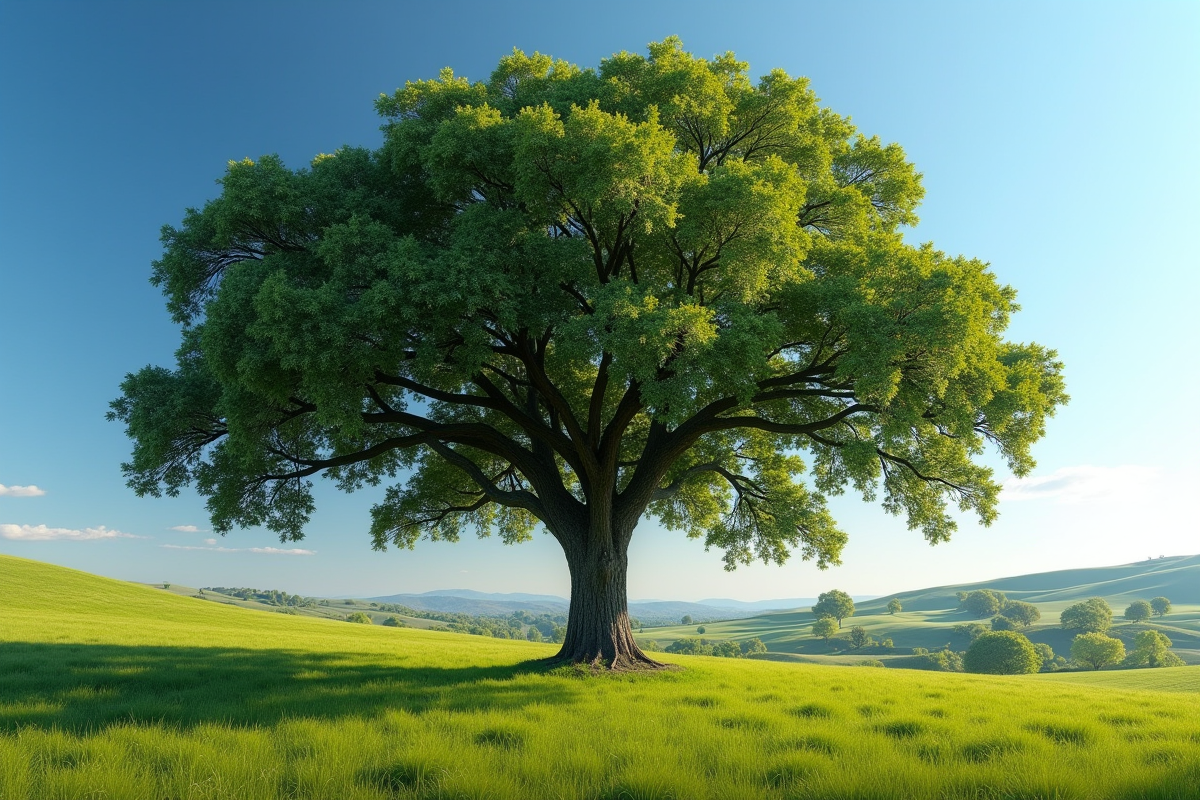 Chene majestueux dans un paysage rural en plein soleil