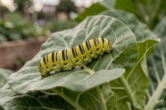 Chenille jaune et verte sur une feuille de chou dans un potager, gros plan macro révélant les détails de son corps segmenté