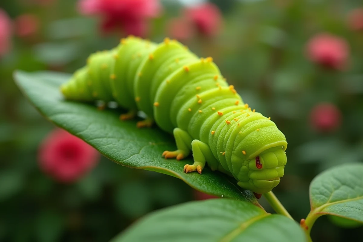 Chenille verte mangeant une feuille de rosier avec des traces de dégâts visibles au jardin