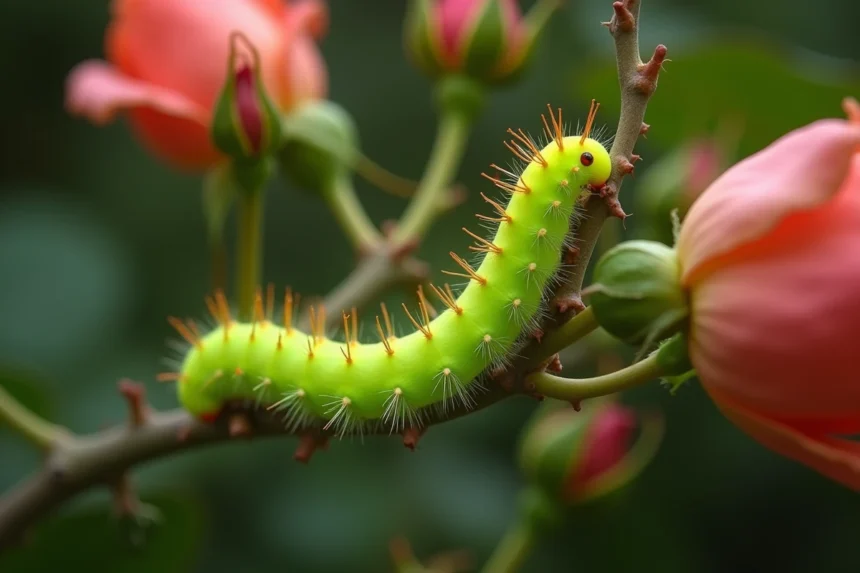 Chenille verte fluo accrochée à une tige de rosier dans un jardin, vue en gros plan macro