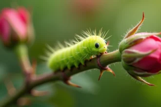 Chenille verte sur une tige de rosier avec épines, vue en gros plan dans un jardin fleuri en été