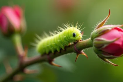 Chenille verte sur une tige de rosier avec épines, vue en gros plan dans un jardin fleuri en été