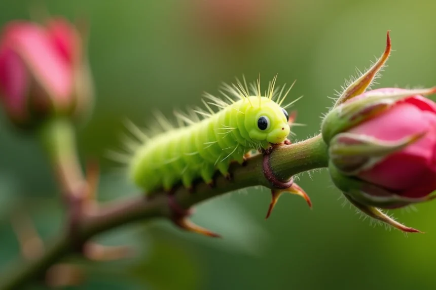 Chenille verte sur une tige de rosier avec épines, vue en gros plan dans un jardin fleuri en été