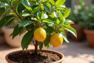 Citronnier en pot vert sur terrasse ensoleillee