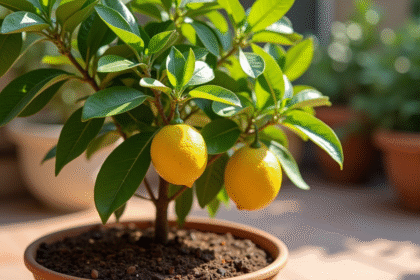 Citronnier en pot vert sur terrasse ensoleillee