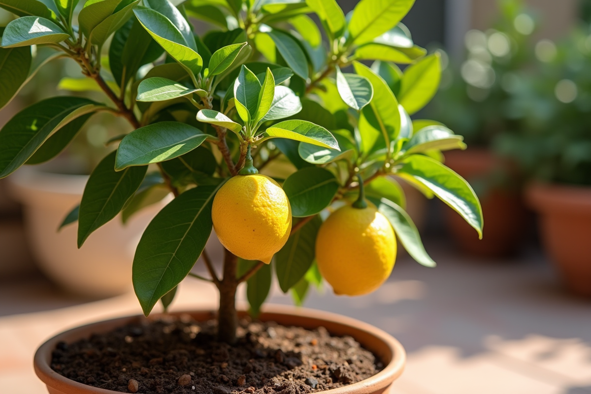Citronnier en pot vert sur terrasse ensoleillee