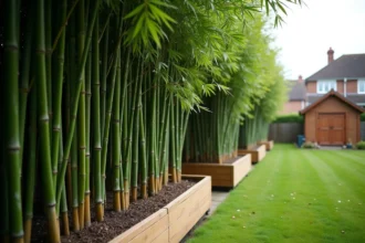 Clôture en bambou naturel dans un jardin écologique avec pelouse et potager surélevé