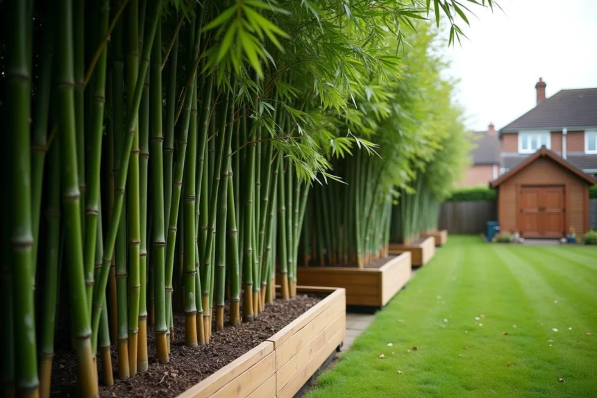 Clôture en bambou naturel dans un jardin écologique avec pelouse et potager surélevé