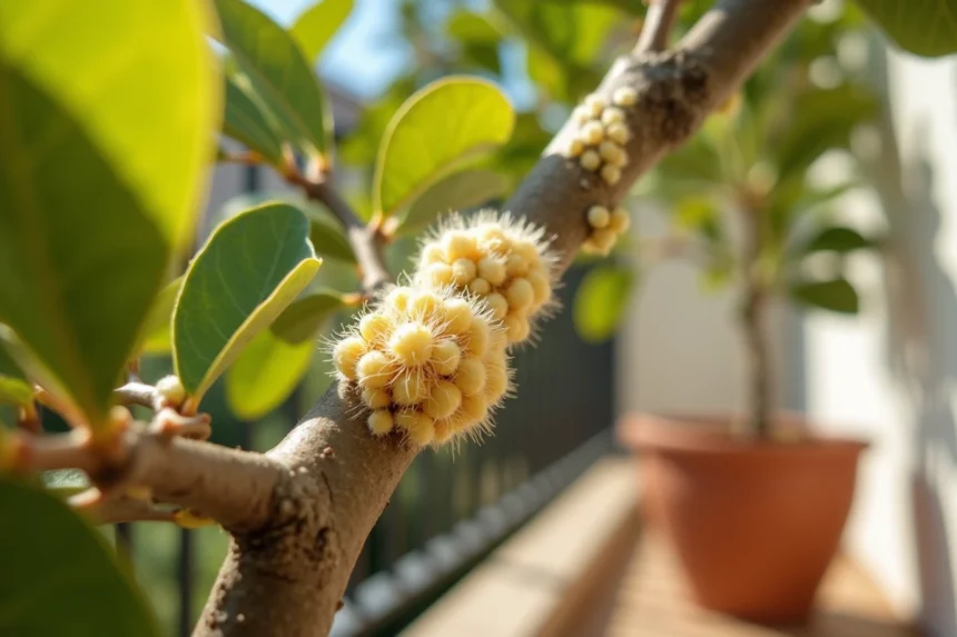 Infestation de cochenilles cotonneuses sur un citronnier en pot avec filaments cireux blancs visibles sur les tiges et les feuilles