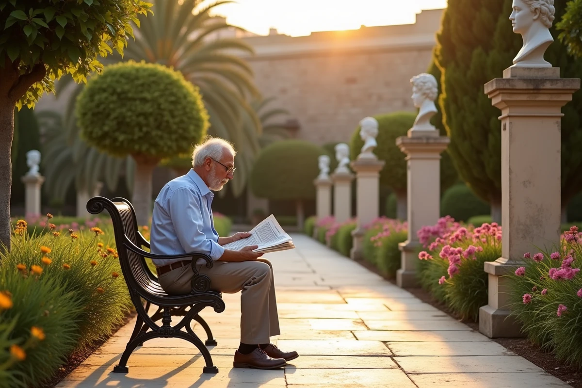 Homme âgé lisant sur un banc en fer forgé dans un coin fleuri des jardins Upper Barrakka à La Valette au coucher du soleil