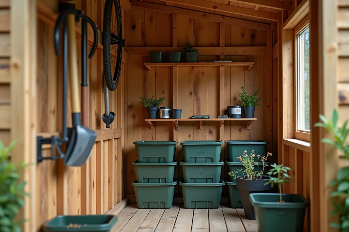 Coin intérieur d'un abri de jardin bois avec système de rangement vertical pour outils et accessoires de jardinage