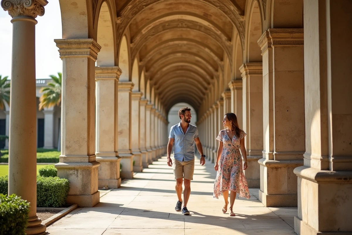 Couple se promenant sous les arcades néoclassiques en calcaire des jardins Barrakka à La Valette, Malte
