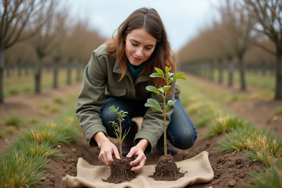 Femme comparant les systèmes racinaires d'un noyer issu de bouture et d'un noyer issu de semis dans un verger en automne