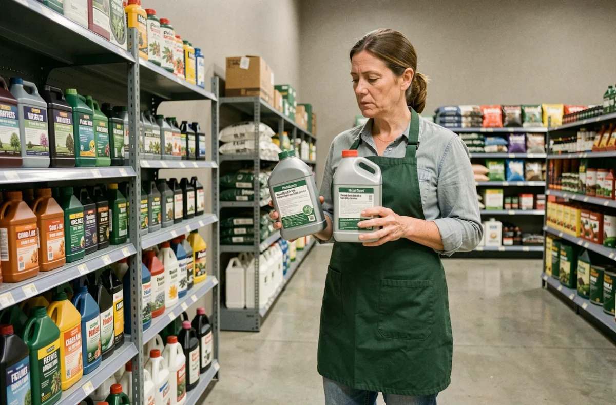Femme comparant les étiquettes de deux produits débroussaillants dans le rayon d'une jardinerie pour identifier les mentions réglementaires