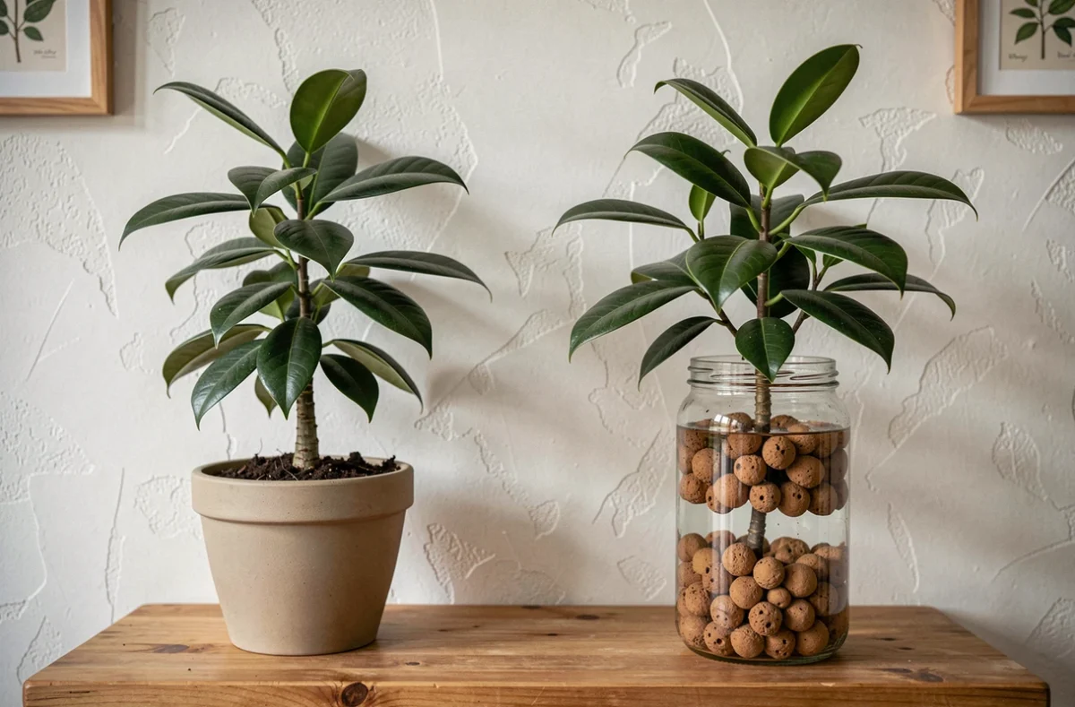 Comparaison côte à côte d'un ficus en terre et d'un ficus en hydroponie sur une étagère en bois, illustrant les deux méthodes de culture