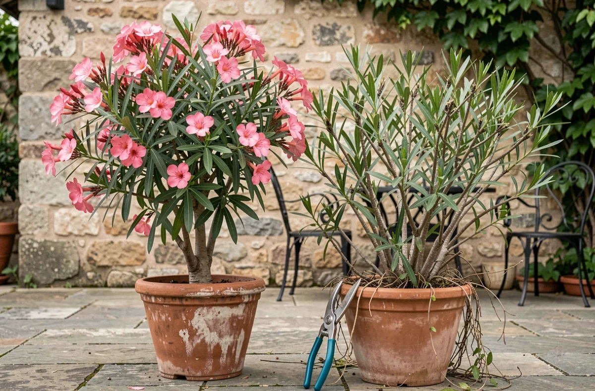 Comparaison entre un laurier rose fleuri et un laurier rose sans fleurs avant taille sur une terrasse