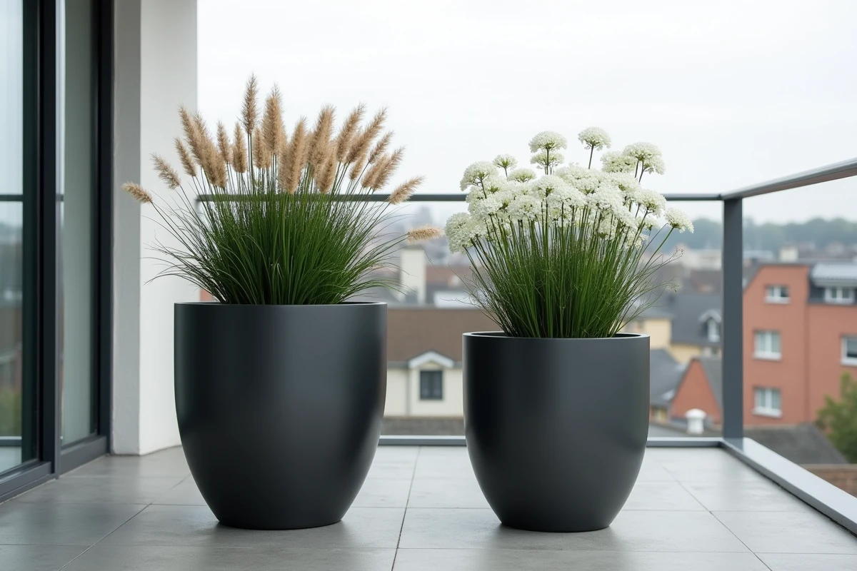 Comparaison de deux grands pots de fleurs extérieurs 80 cm et 100 cm en fibre de verre anthracite sur balcon moderne