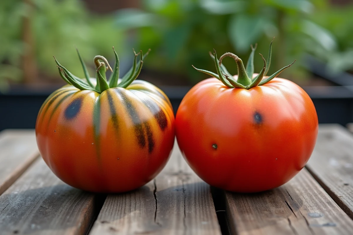 Comparaison de deux tomates atteintes de taches noires, différences entre maladie en serre et au potager