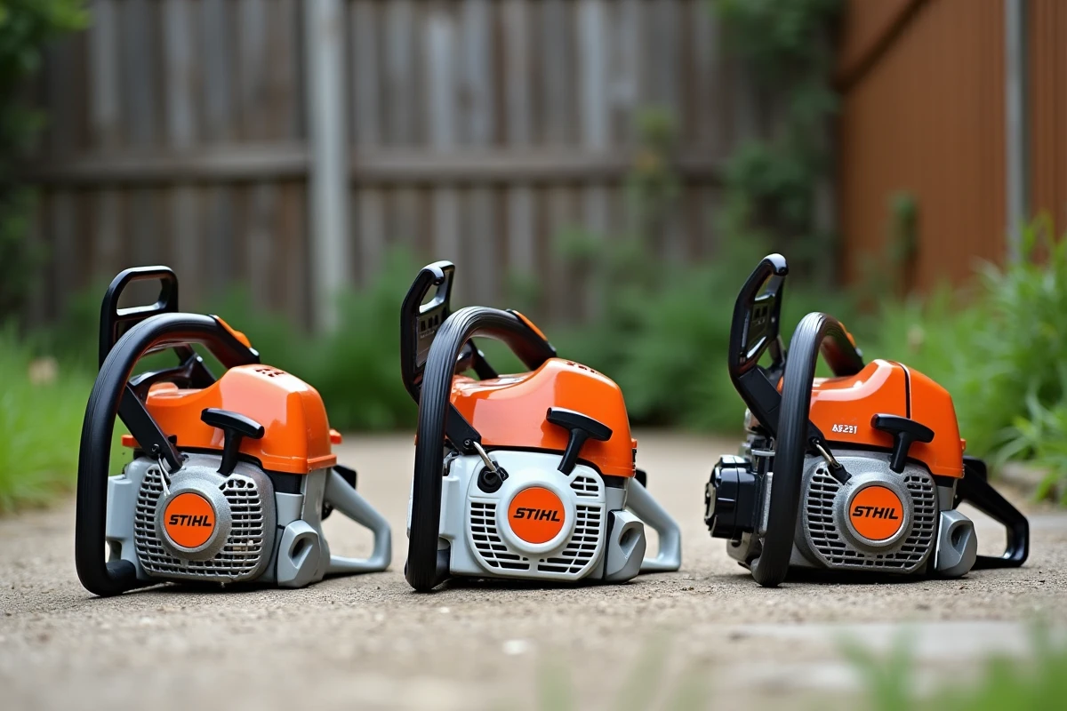 Comparaison de trois tronçonneuses thermiques posées côte à côte dont la STIHL MS 211 au centre, vue légèrement en plongée dans un contexte rural extérieur