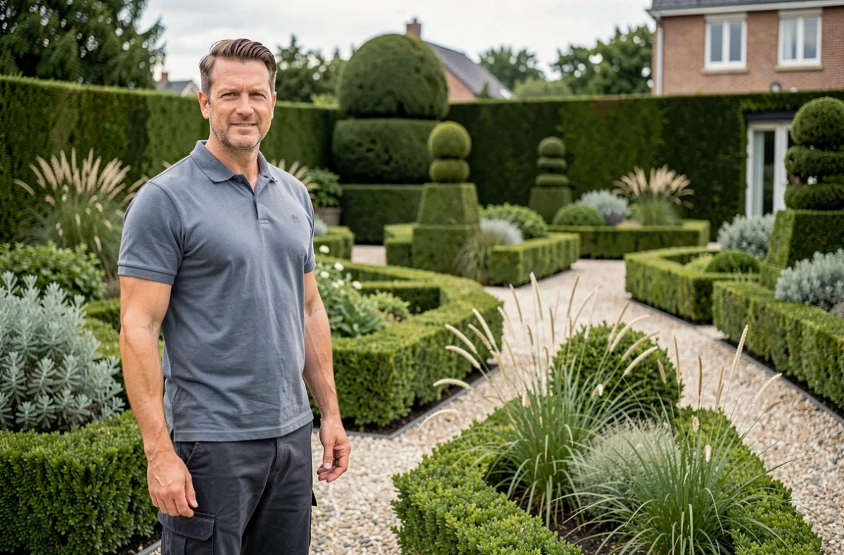Designer paysagiste de Concept et Créations devant un jardin contemporain aux formes géométriques et topiaires sculptés
