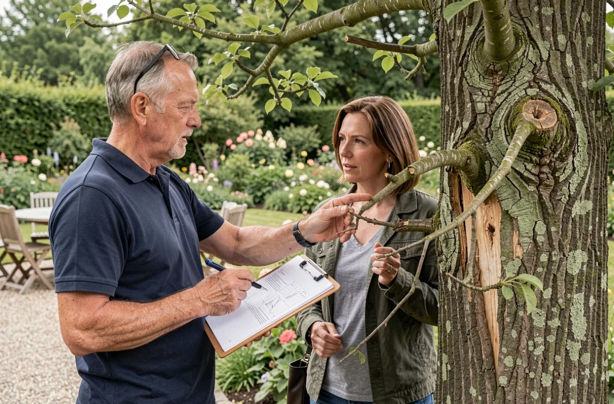 Arboriste certifié en consultation avec une propriétaire dans un jardin français pour évaluer l'état sanitaire d'un tilleul