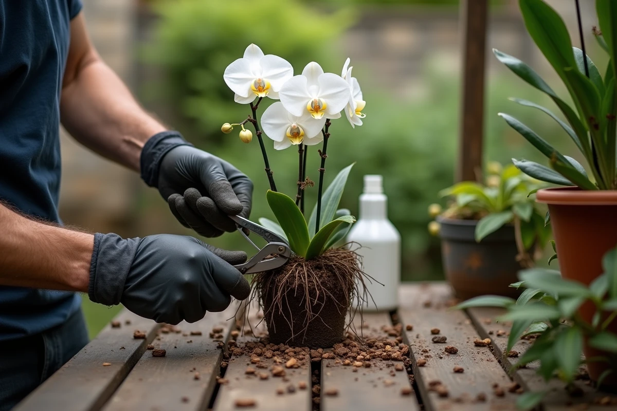 Mains masculines utilisant un sécateur pour couper une hampe florale d'orchidée sur une table de rempotage en bois