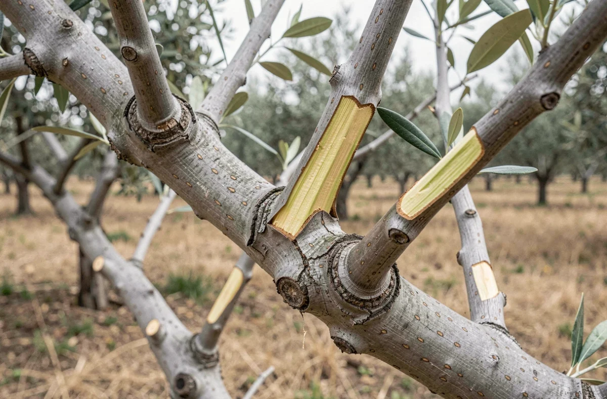 Gros plan sur les coupes nettes de branches d'olivier après une taille sévère montrant le bois frais