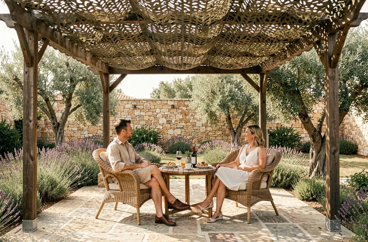Couple profitant d'un repas sous une pergola en bois couverte d'un filet camouflage ombrage sur une terrasse en pierre