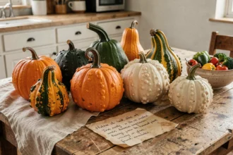 Courges décoratives non comestibles aux formes variées et couleurs vives disposées sur une table en bois rustique avec une étiquette d'avertissement