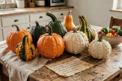 Courges décoratives non comestibles aux formes variées et couleurs vives disposées sur une table en bois rustique avec une étiquette d'avertissement