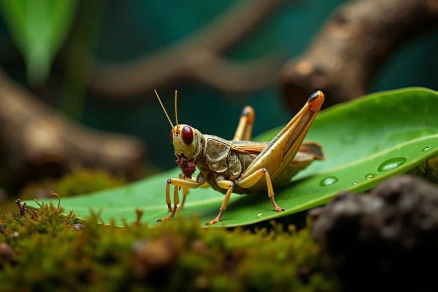 Criquet adulte mangeant une feuille verte dans un terrarium, gros plan macro sur ses mandibules et son corps segmenté