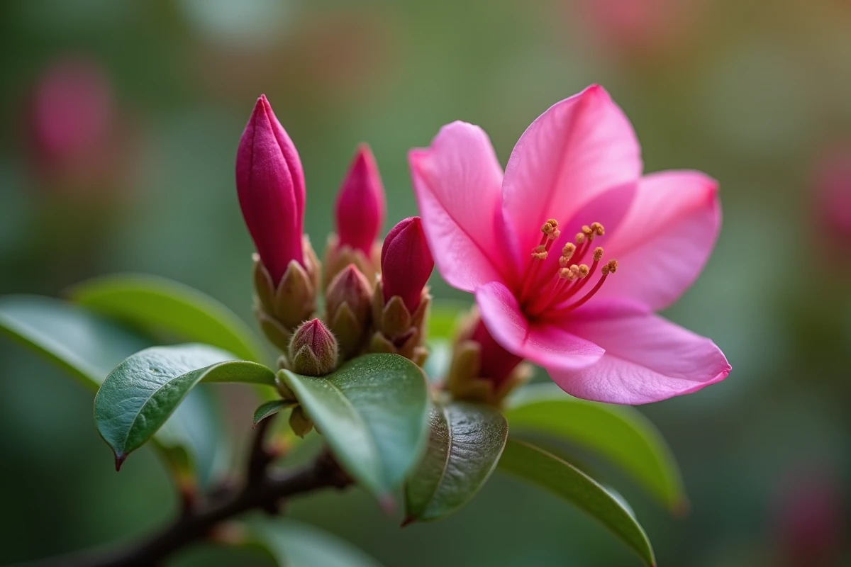 Gros plan sur une branche d'azalée montrant différents stades de floraison, de bourgeon à fleur fanée