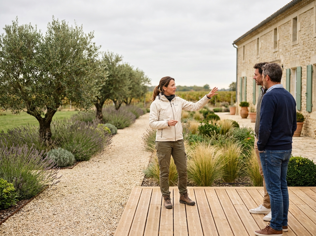 Designer paysagiste conseillant des propriétaires sur la terrasse d'une maison bordelaise avec jardin aménagé