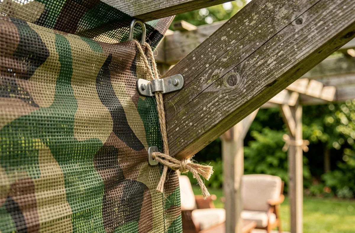 Détail de fixation d'un filet camouflage ombrage sur les poutres en bois d'une pergola avec clips et ficelle