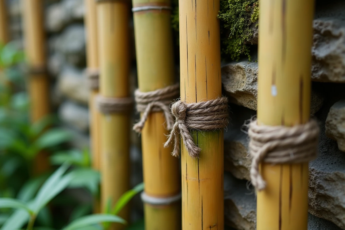 Détail d'un panneau de bambou assemblé avec de la ficelle de jute pour une clôture de jardin