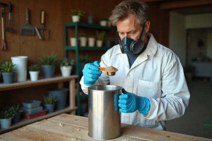 Agriculteur dosant du glyphosate 360g/l dans un récipient gradué dans un hangar agricole