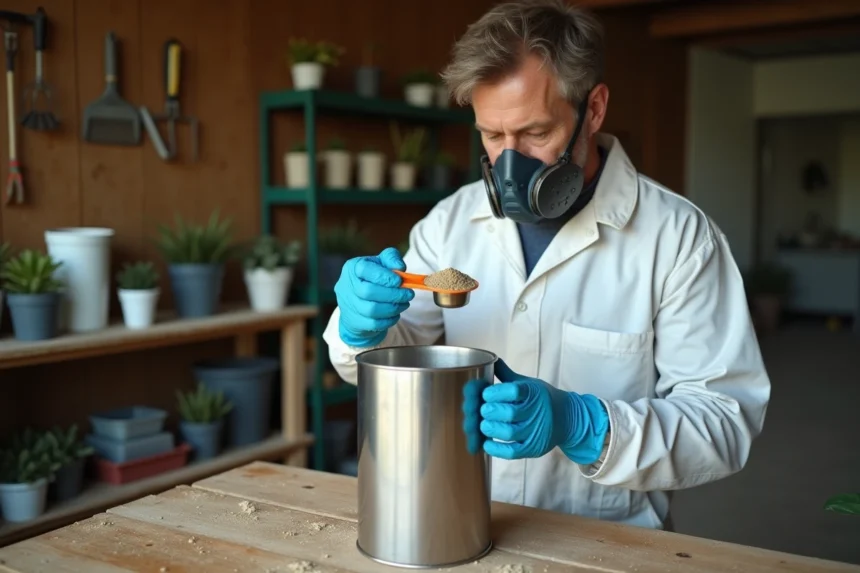 Agriculteur dosant du glyphosate 360g/l dans un récipient gradué dans un hangar agricole