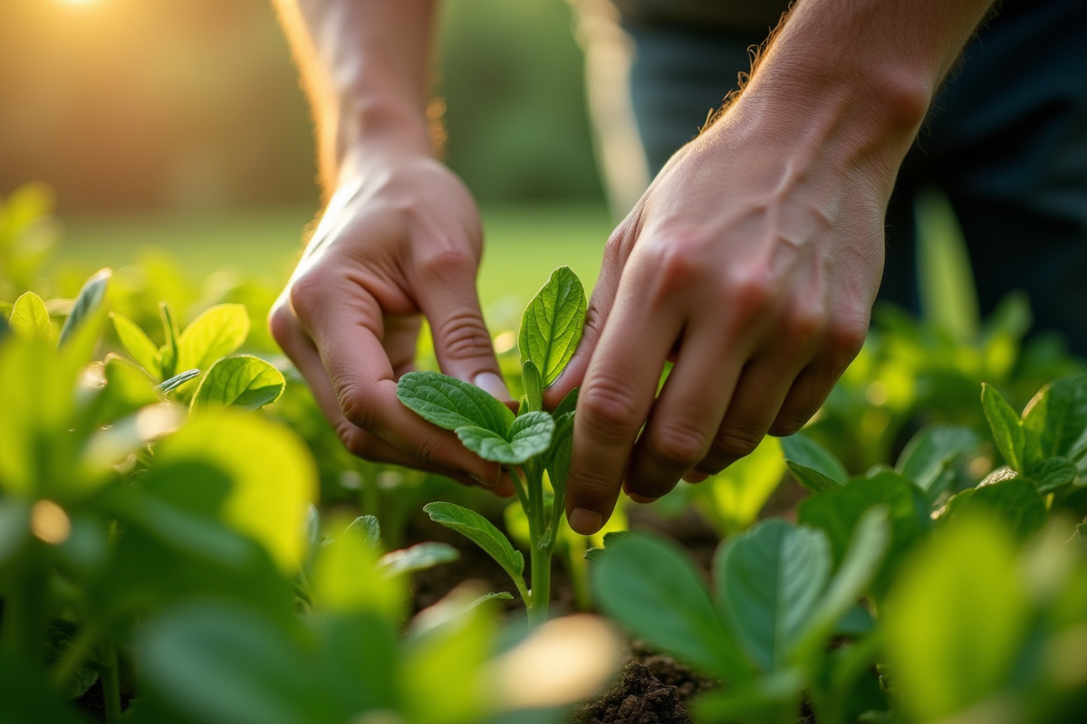 Mains arrachant des mauvaises herbes dans un jardin potager luxuriant