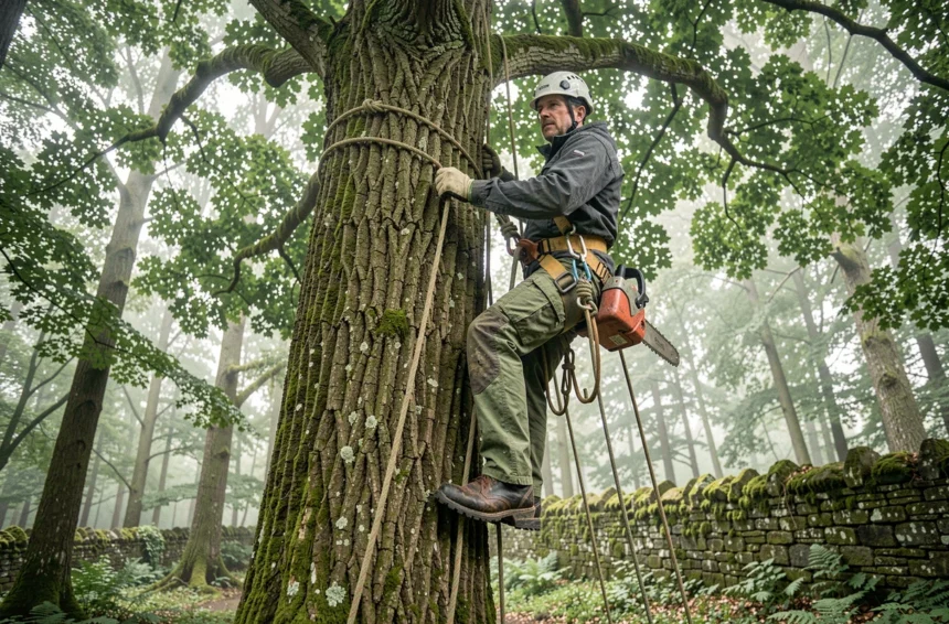 Élagueur professionnel grimpant dans un grand chêne en forêt bretonne avec équipement de sécurité complet