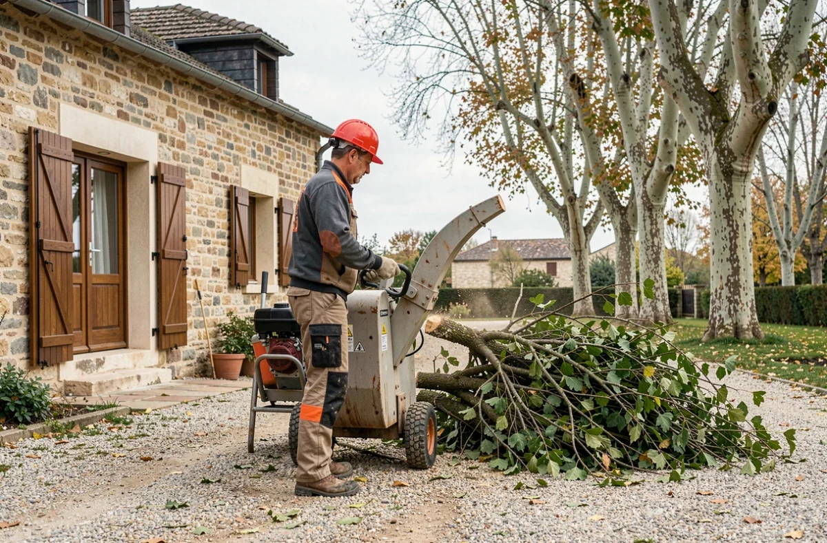 Élagueur utilisant un broyeur de branches devant une maison en pierre en Ardèche lors de travaux d'élagage avant l'hiver