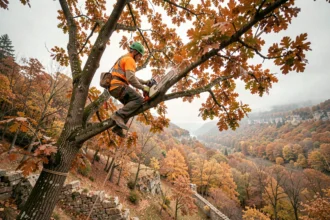 Élagueur professionnel en hauteur dans un chêne en Ardèche, portant un équipement de sécurité complet, taillant des branches avant l'hiver