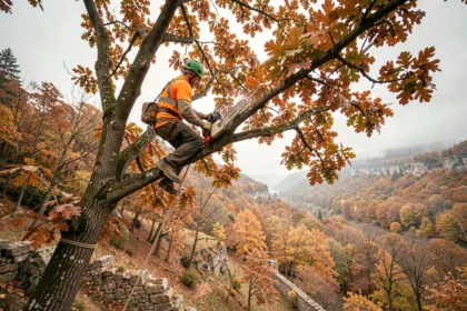 Élagueur professionnel en hauteur dans un chêne en Ardèche, portant un équipement de sécurité complet, taillant des branches avant l'hiver