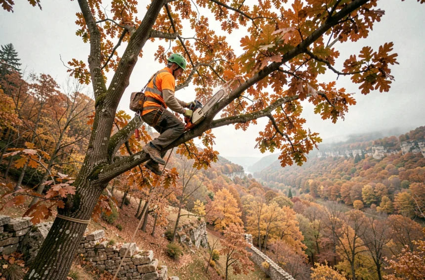 Élagueur professionnel en hauteur dans un chêne en Ardèche, portant un équipement de sécurité complet, taillant des branches avant l'hiver