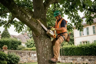 Élagueur professionnel en sécurité sur un chêne dans un jardin suburban français, réalisant des travaux d'élagage avec une tronçonneuse