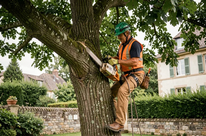 Élagueur professionnel en sécurité sur un chêne dans un jardin suburban français, réalisant des travaux d'élagage avec une tronçonneuse