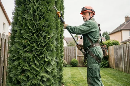 Élagueur professionnel en combinaison verte taillant en hauteur une haie de thuyas de 6 mètres dans un jardin résidentiel français