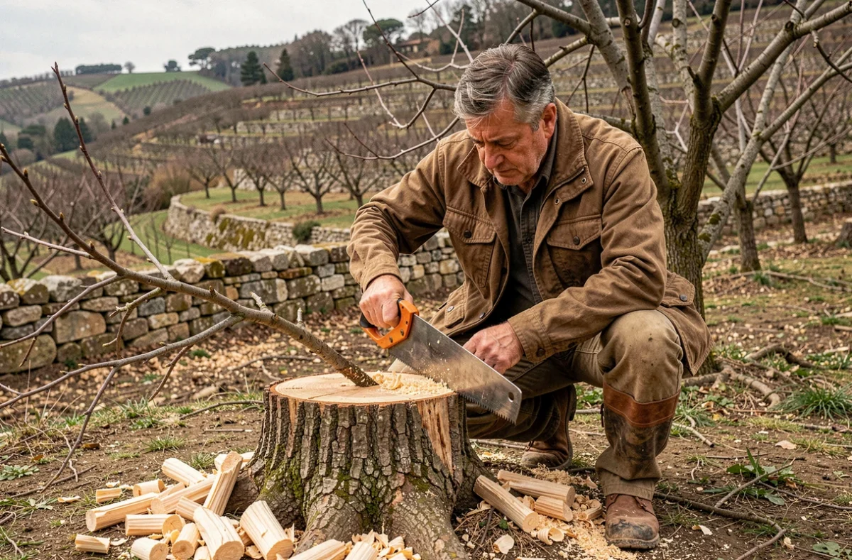 Élagueur agenouillé taillant une branche basse dans un verger en terrasse sur les collines d'Ardèche en automne