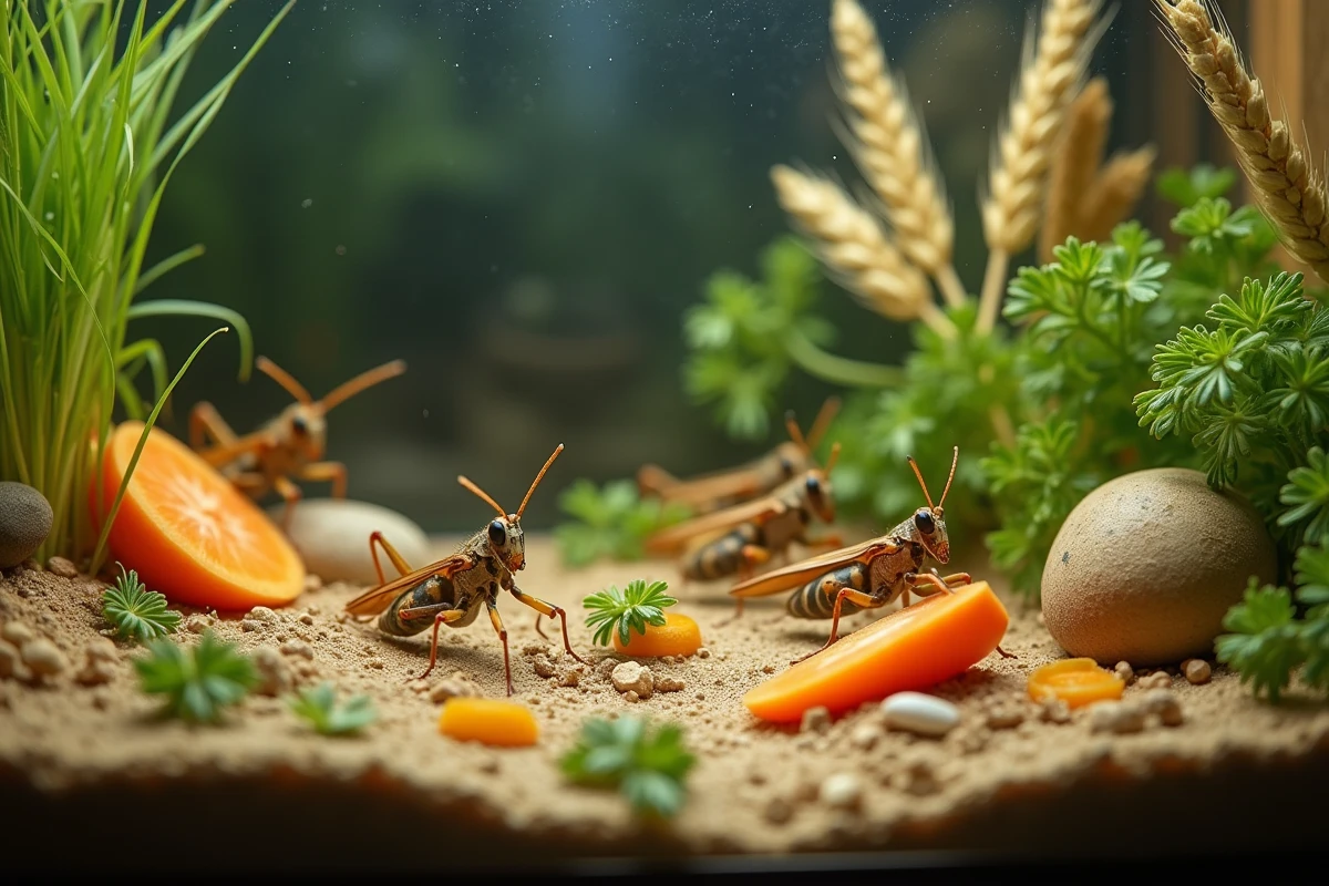 Terrarium d'élevage de criquets avec des légumes frais et des herbes variées pour prévenir les carences nutritionnelles