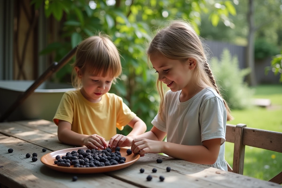 Enfants arrangeant des mûres sur une table extérieure