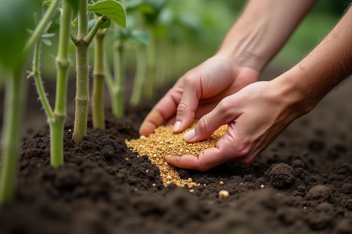 Mains incorporant de l'engrais granulé dans le sol autour d'un plant de tomate au potager